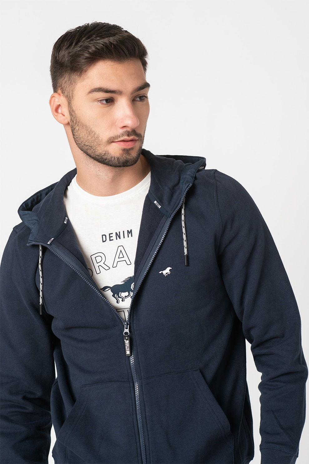 Mustang, Hanorac cu fermoar si logo discret Brian, Bleumarin, 2XL