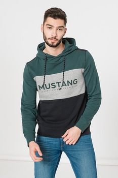 Mustang - Bennet kapucnis pulóver logórátéttel, angolzöld/szürke