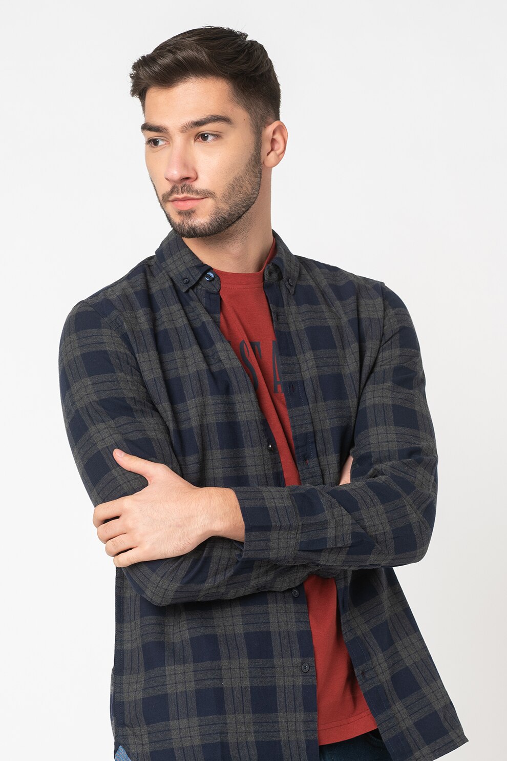 Mustang, Camasa de bumbac in carouri Casper, Bleumarin/Gri inchis