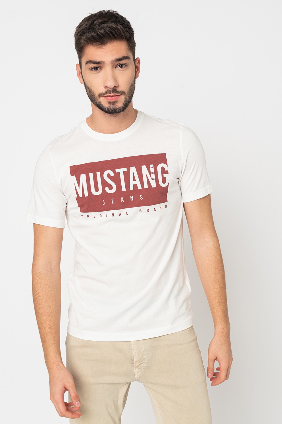 Mustang, Tricou de bumbac cu imprimeu logo Alex, Alb/Rosu inchis