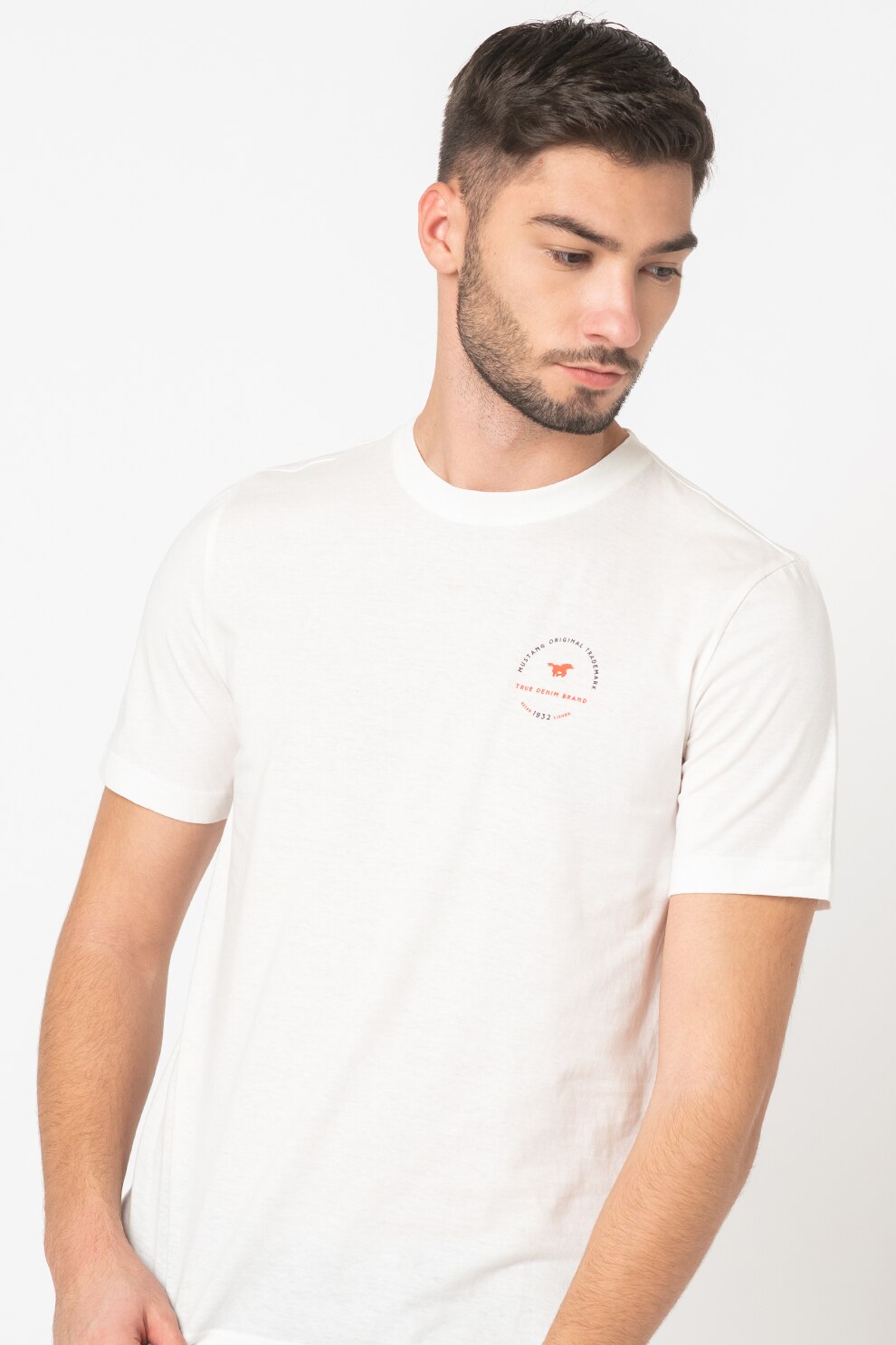 Mustang, Tricou de bumbac cu logo Alex, Alb optic