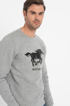 Mustang, Bluza sport cu decolteu la baza gatului si imprimeu logo Ben 1011598, Gri Mustang, Bluza sport cu decolteu la baza gatului si imprimeu logo Ben 1011598, Gri