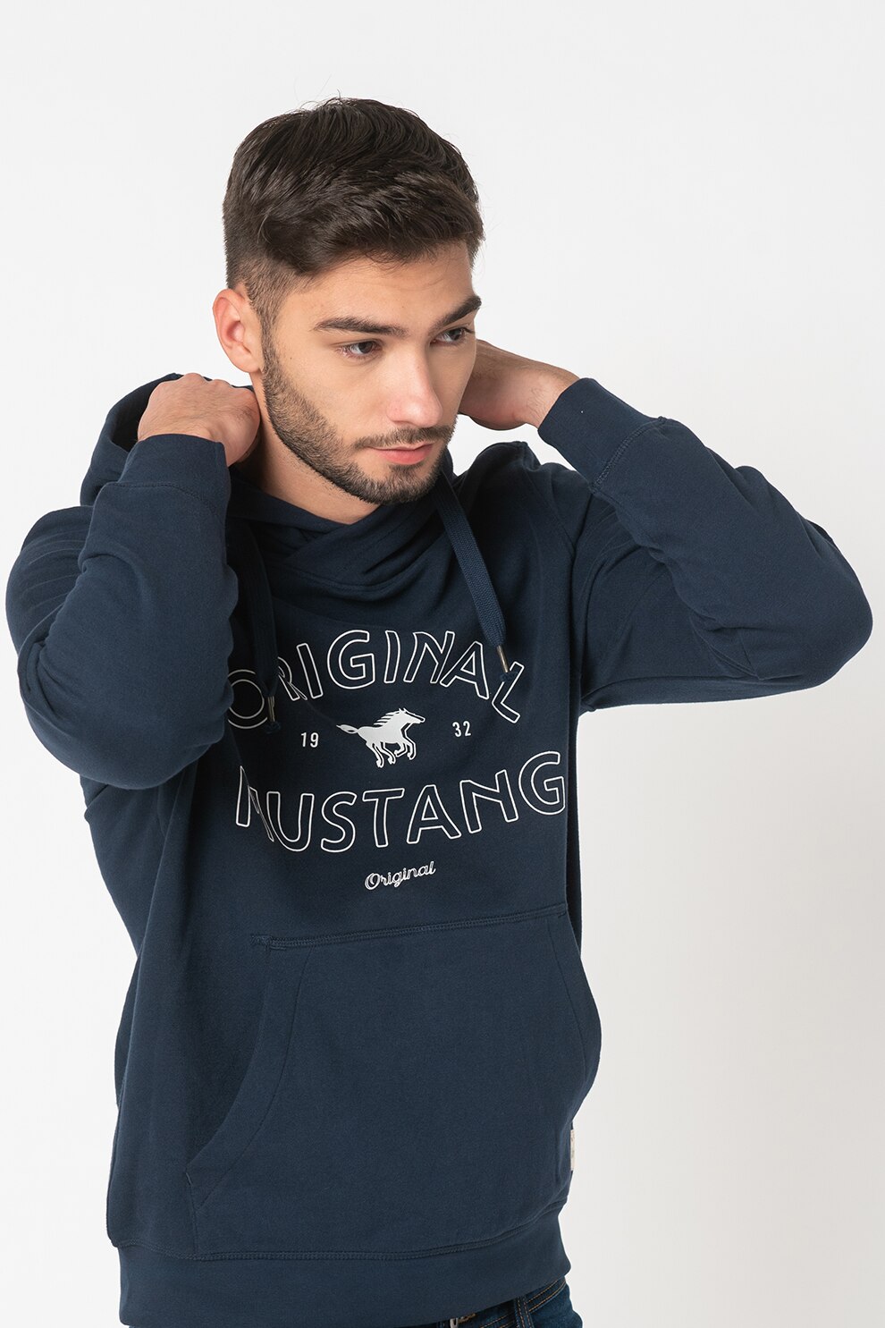 Mustang, Hanorac cu imprimeu logo si buzunar kangaroo Bennet 1011600, Bleumarin/Alb