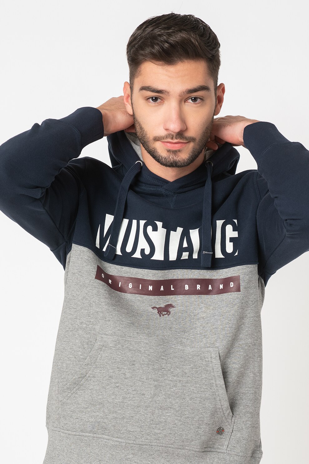 Mustang, Hanorac cu imprimeu logo si buzunar kangaroo Bennet, Bleumarin/Gri melange/Alb