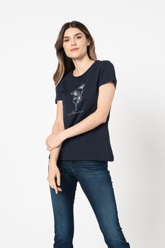 Mustang, Tricou cu decolteu la baza gatului si imprimeu floral Alexia, Bleumarin/Alb Mustang, Tricou cu decolteu la baza gatului si imprimeu floral Alexia, Bleumarin/Alb