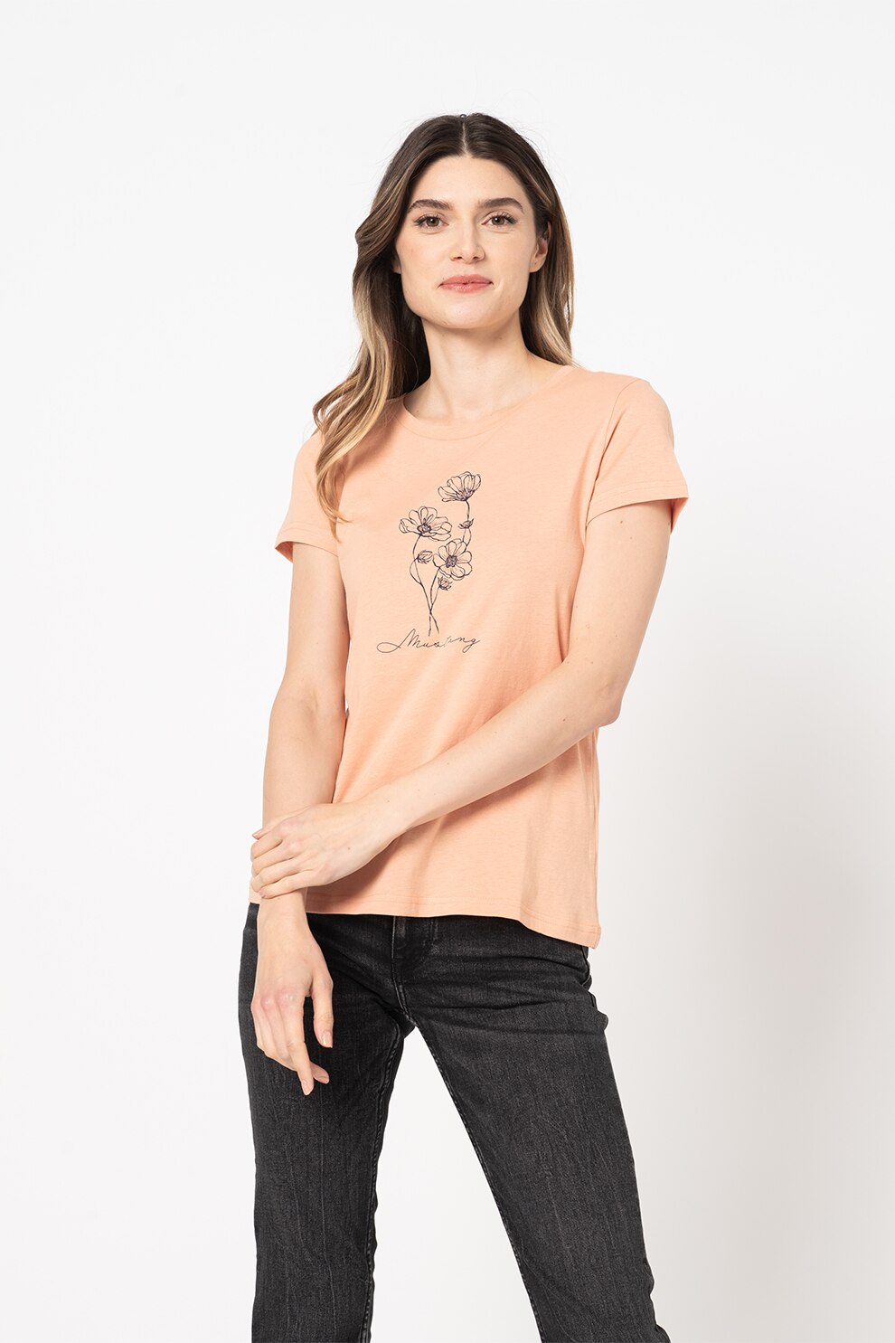 Mustang, Tricou cu decolteu la baza gatului si imprimeu floral Alexia, Oranj persan/Negru