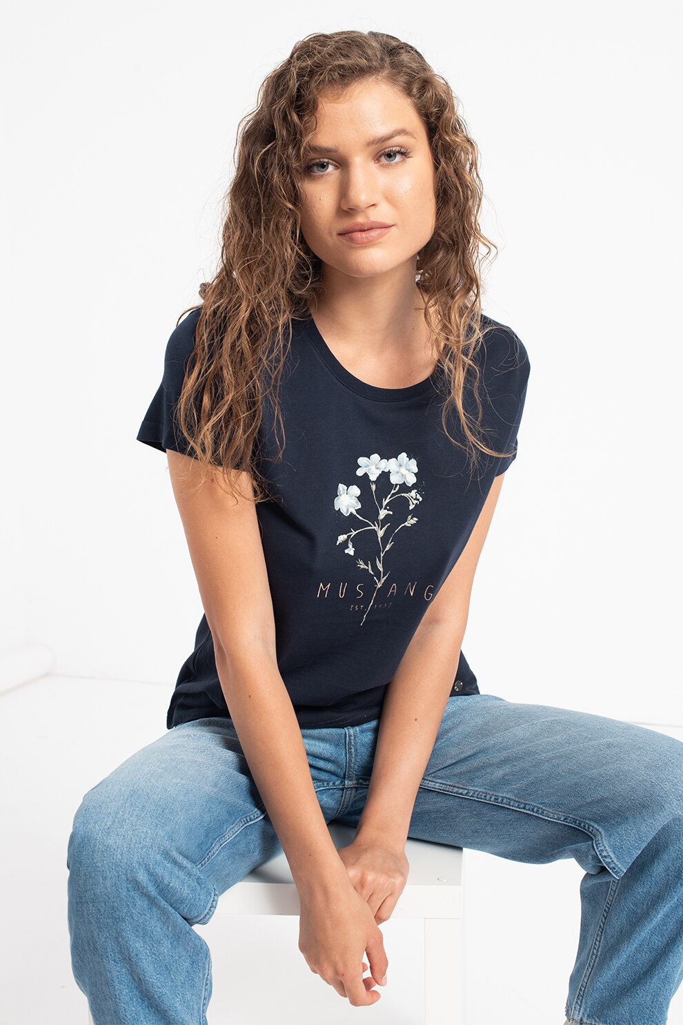 Mustang, Tricou cu imprimeu logo si decolteu la baza gatului Alina C, Bleumarin/Verde