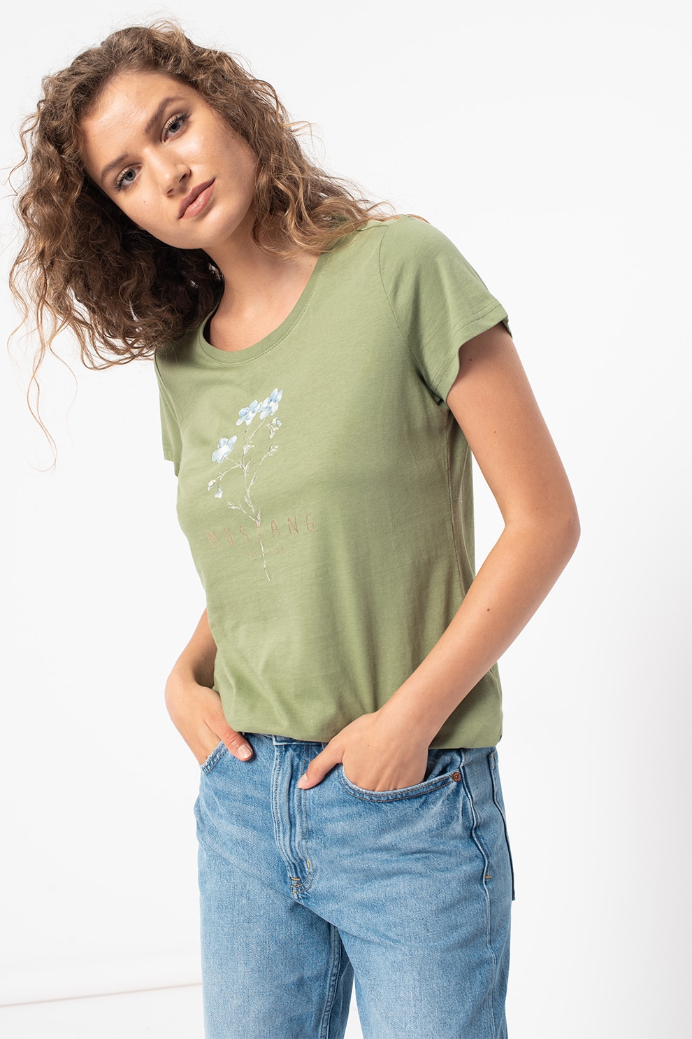 Mustang, Tricou cu imprimeu logo si decolteu la baza gatului Alina C, Verde sparanghel/albastru