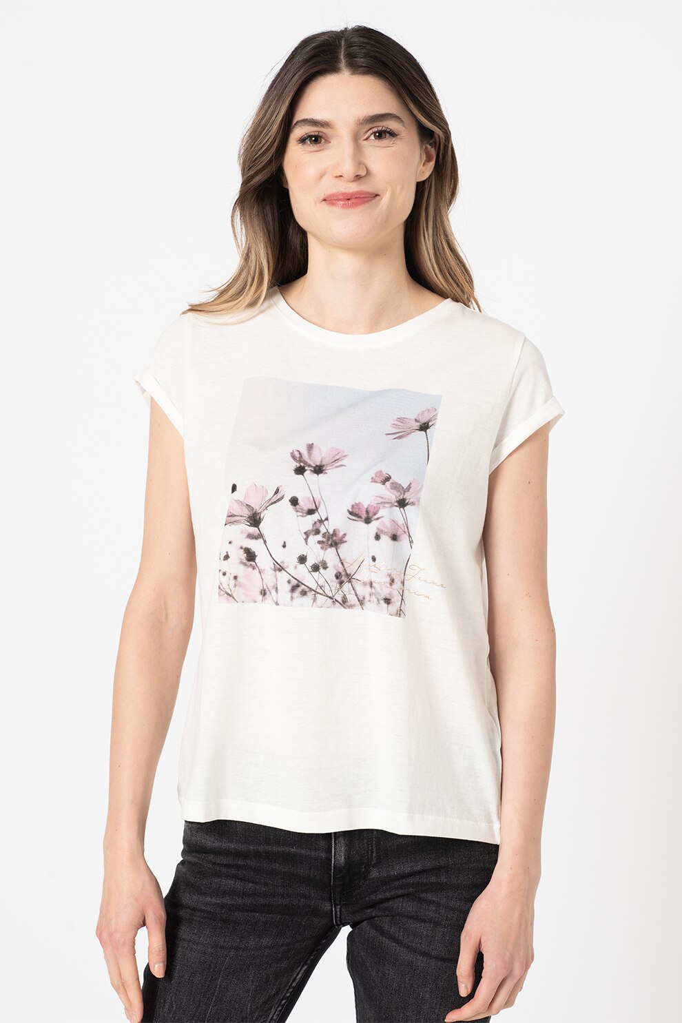 Mustang, Tricou din jerseu cu imprimeu foto Alina, Alb/Lila/Albastru