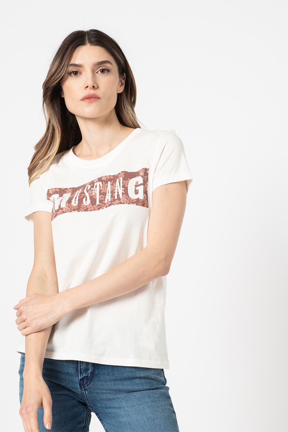 Mustang, Tricou regular fit cu imprimeu logo supradimensionat Alina, Alb/Maro
