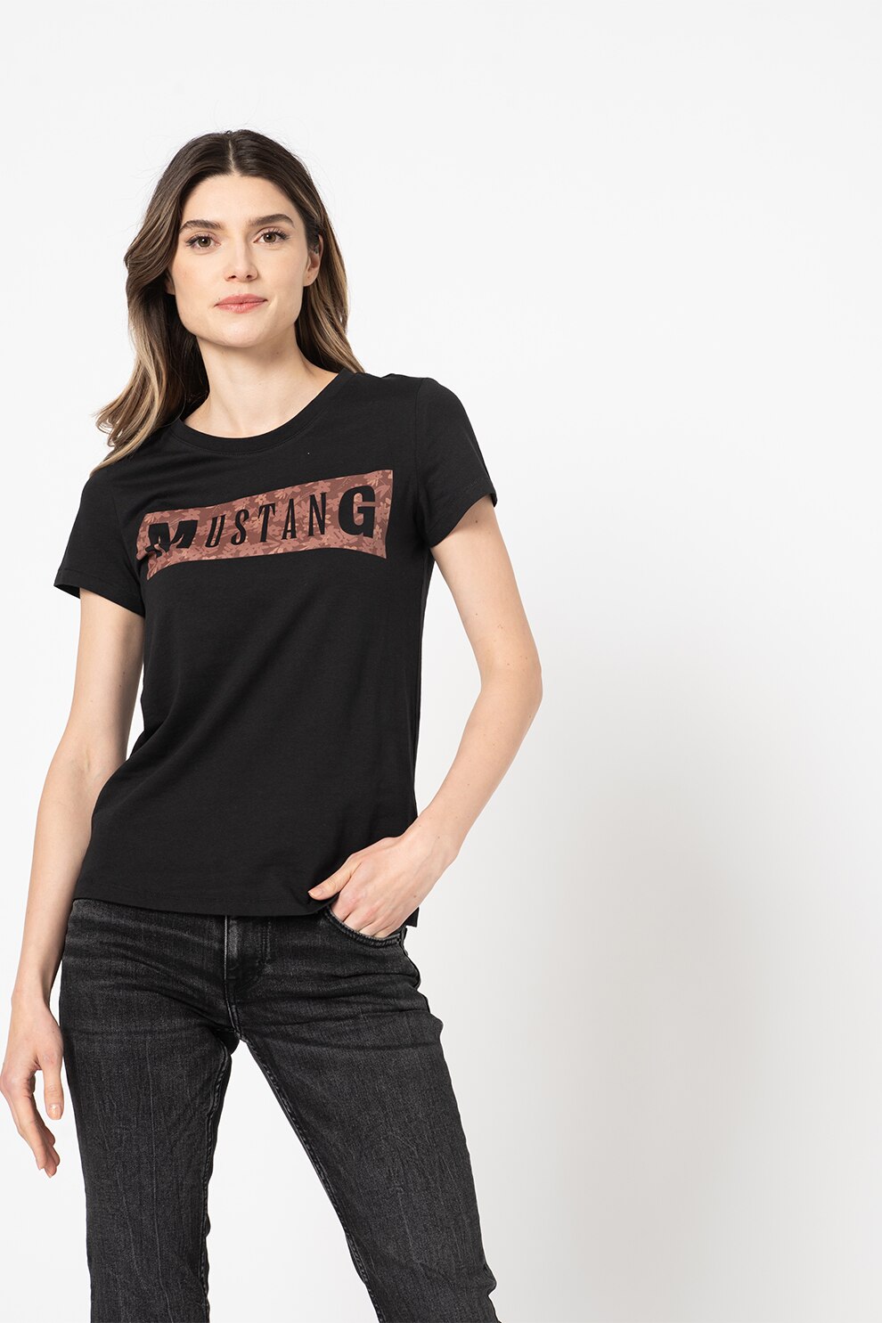 Mustang, Tricou regular fit cu imprimeu logo supradimensionat Alina, Negru/Maro