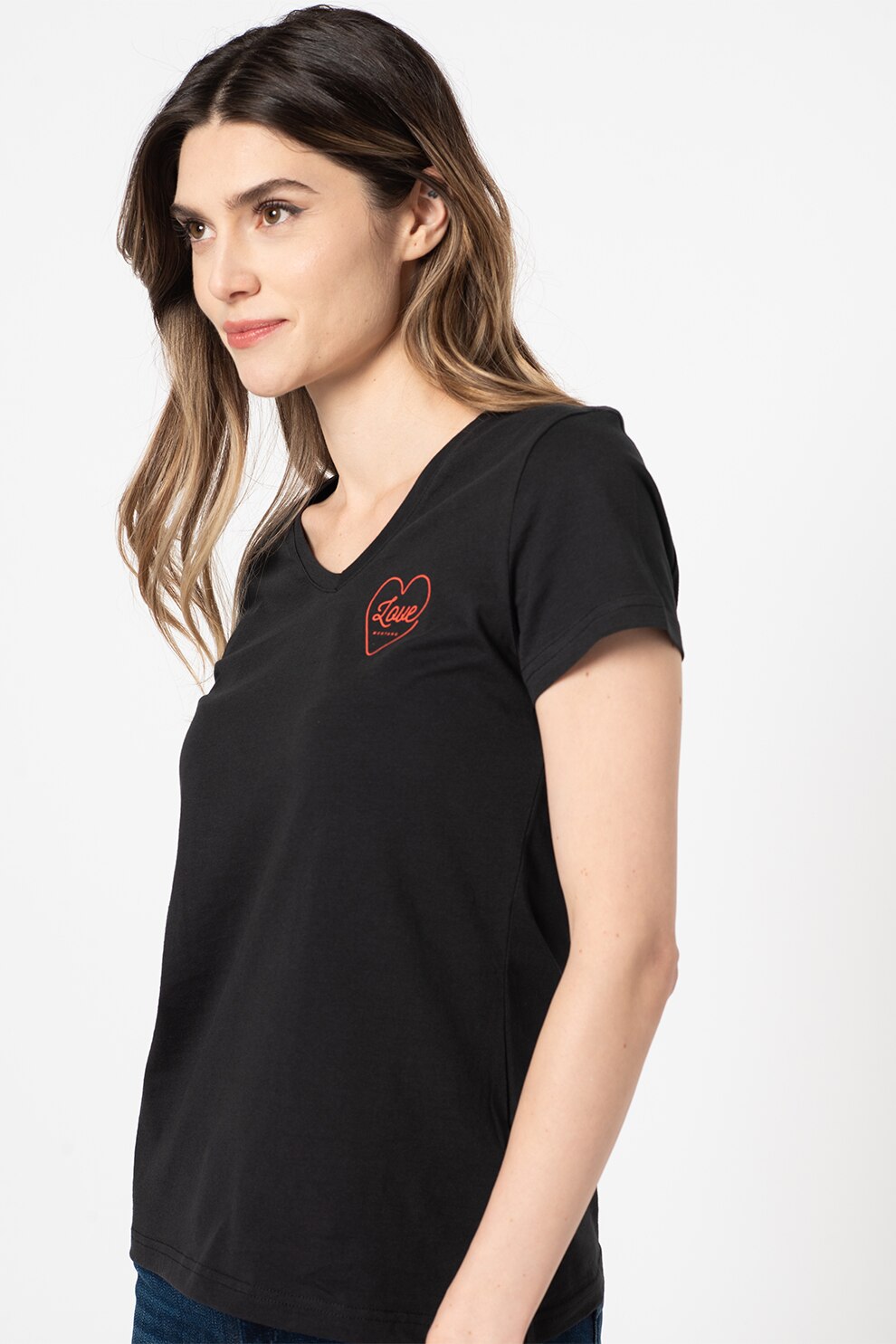 Mustang, Tricou de bumbac cu decolteu in V si imprimeu discret Alexia, Negru/Oranj mandarina