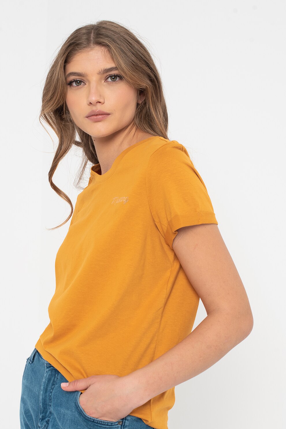 Mustang, Tricou de bumbac cu imprimeu logo Alina, Galben sofran