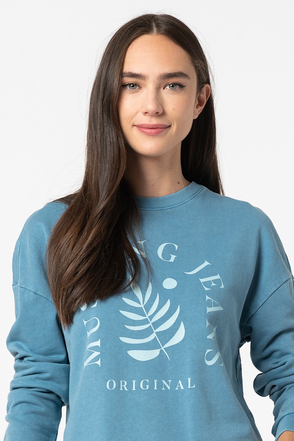 Mustang, Bluza sport cu decolteu la baza gatului si imprimeu logo si grafic Bea, Albastru