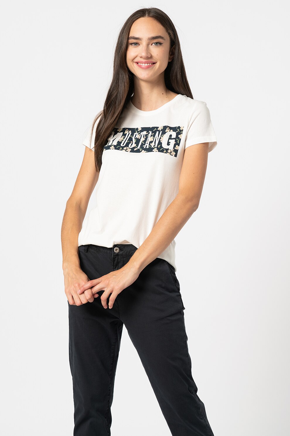 Mustang, Tricou slim fit cu logo floral Alexia, Alb/Bleumarin inchis