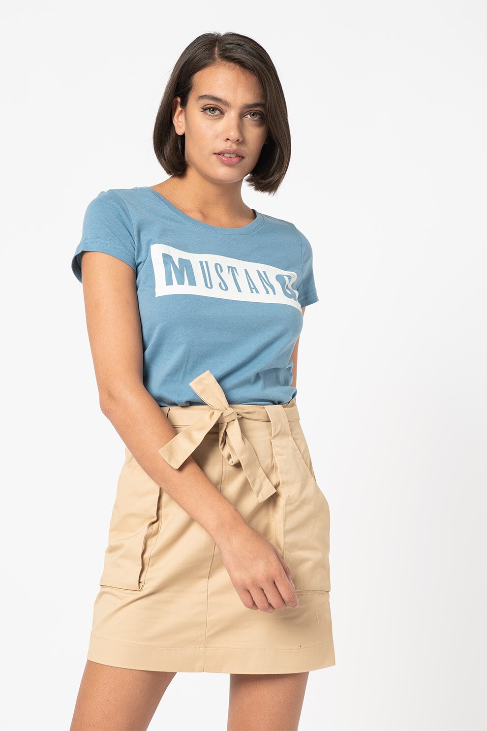 Mustang, Tricou cu imprimeu logo Alina, Albastru lavanda/Alb optic