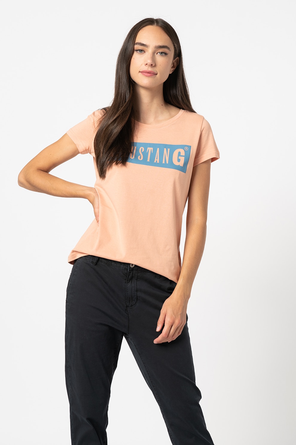 Mustang, Tricou cu imprimeu logo Alina, Roz somon/Albastru