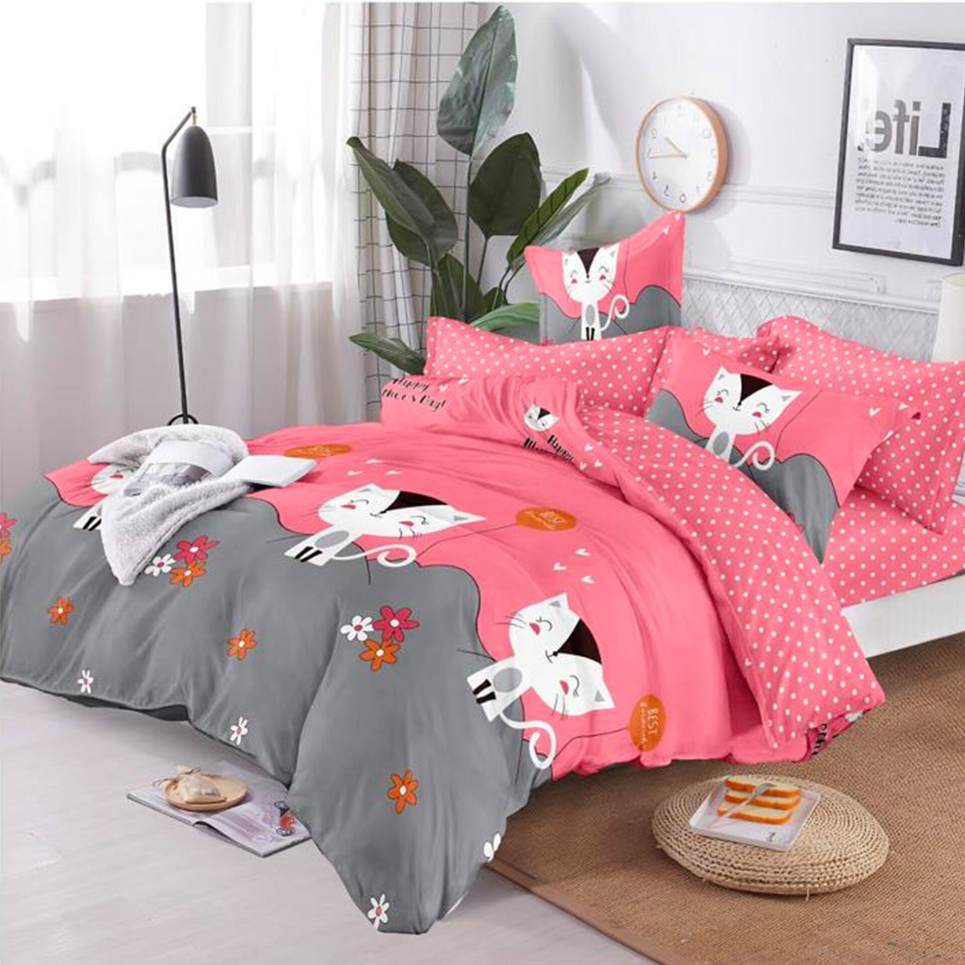 Lenjerie de pat, Pucioasa, Bumbac Finet cu Elastic, 6 piese, 2 Persoane, 393/C, 200 x 230cm