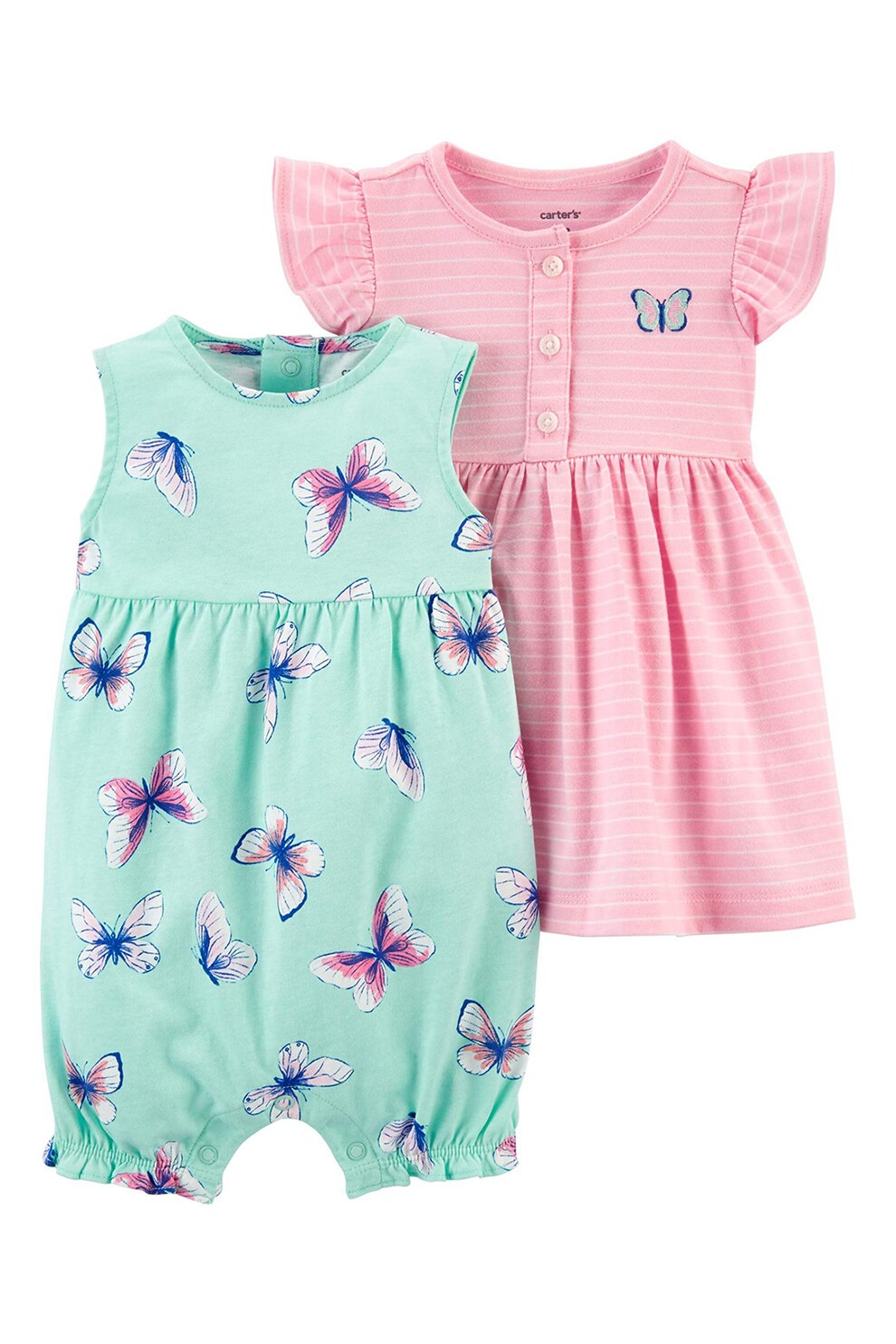 Carter's, Set de rochie si salopeta cu model cu fluturi, roz, verde deschis