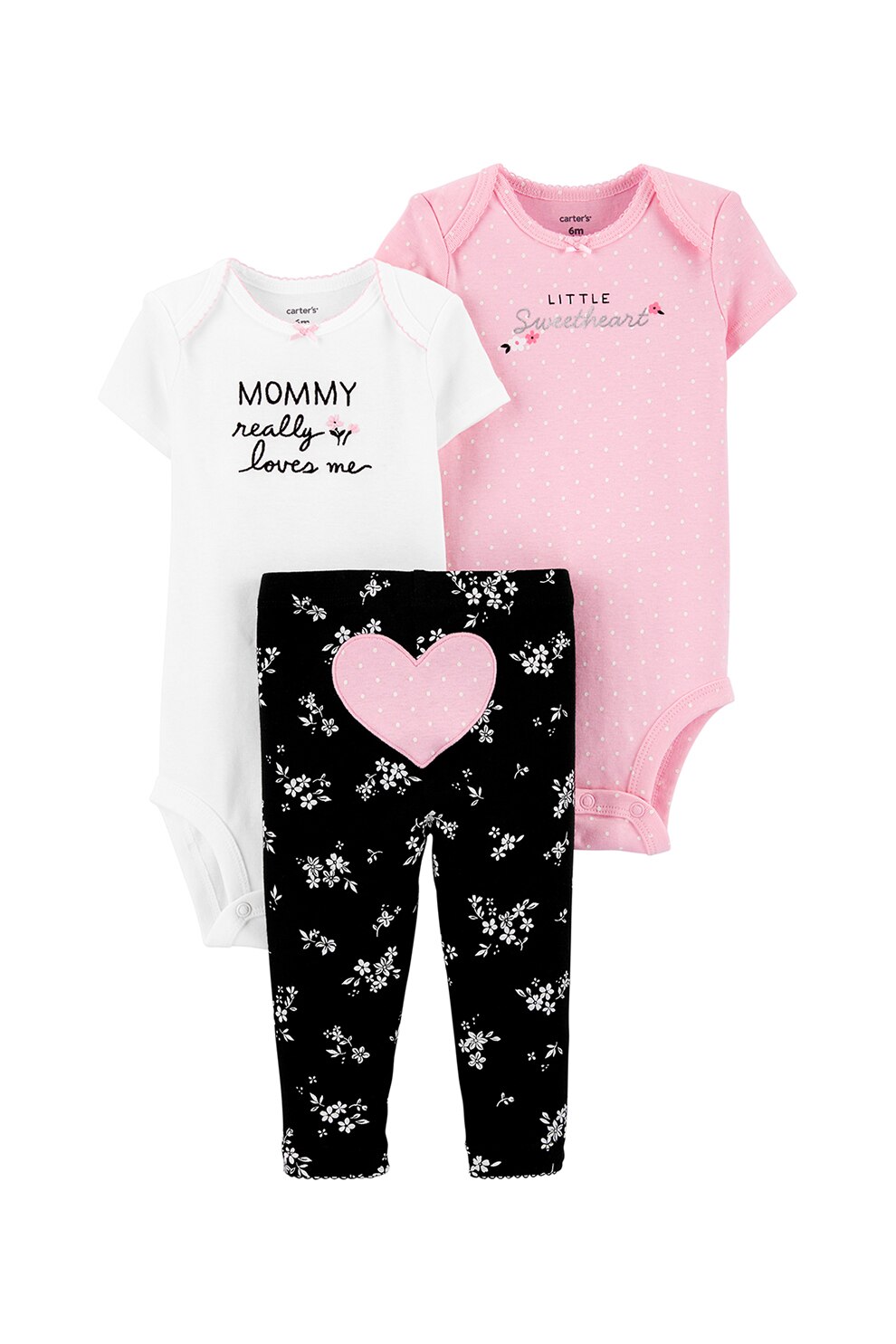 Carter's, Set de body-uri cu imprimeu si pantaloni, fete, 3 piese, Roz/Alb/Negru, Roz/Alb/Negru