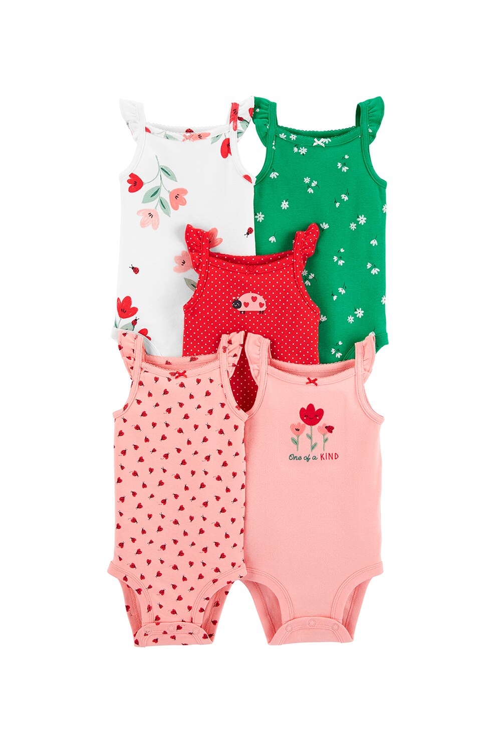 Carter's, Set de body-uri cu model, fara maneci, fete, 5 piese, Roz/Rosu/Verde