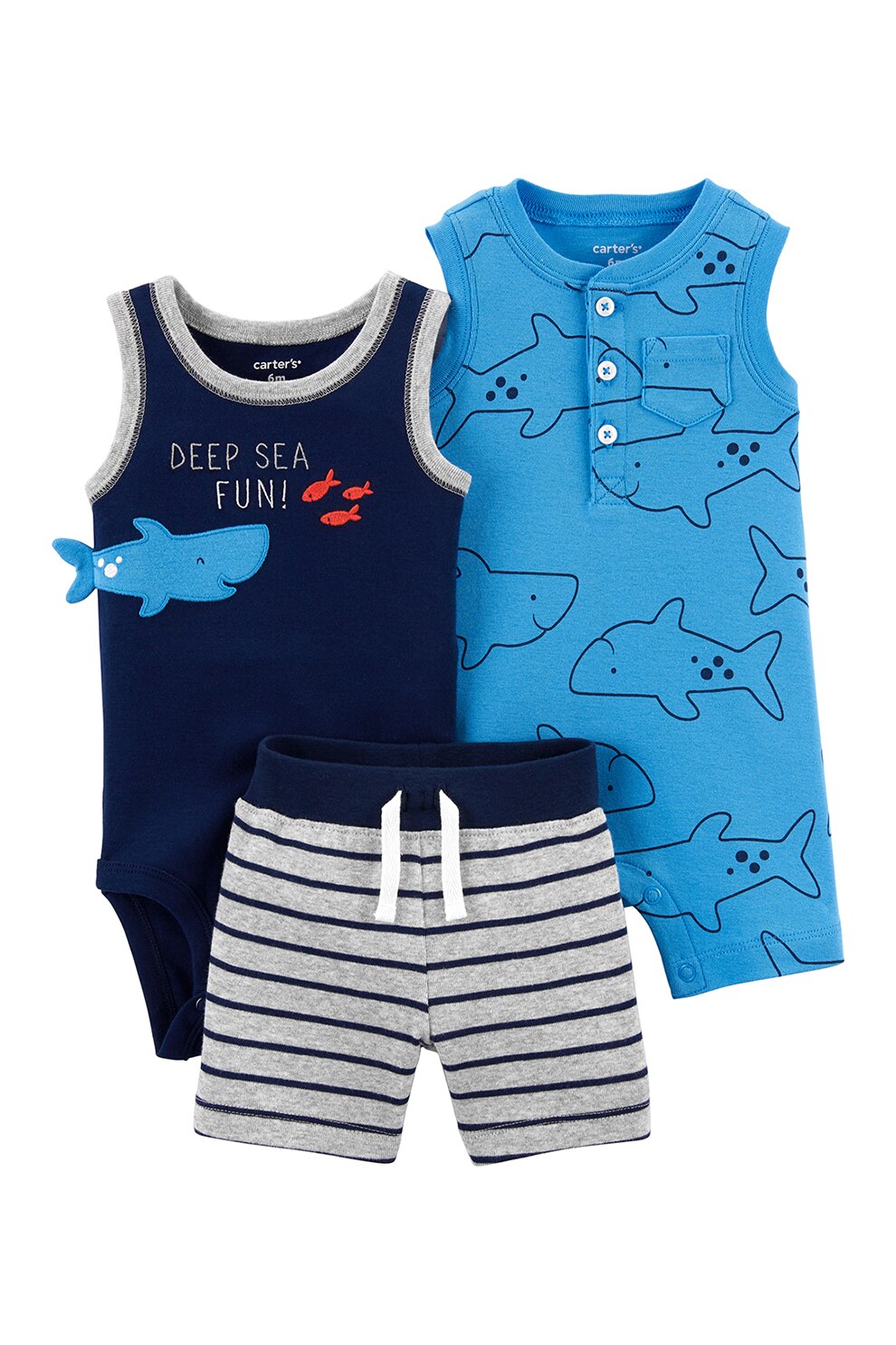 Carter's, Set de body, salopeta scurta si pantaloni scurti, baieti, 3 piese, Albastru/Gri deschis