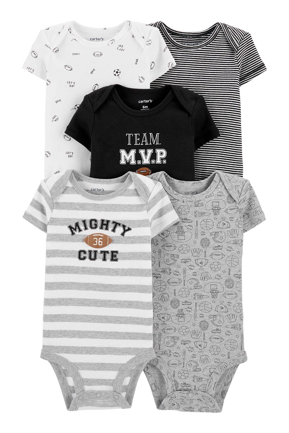 Carter's, Set de body-uri cu imprimeu, baieti, 5 piese, Gri/Alb/Negru, Gri/Alb/Negru