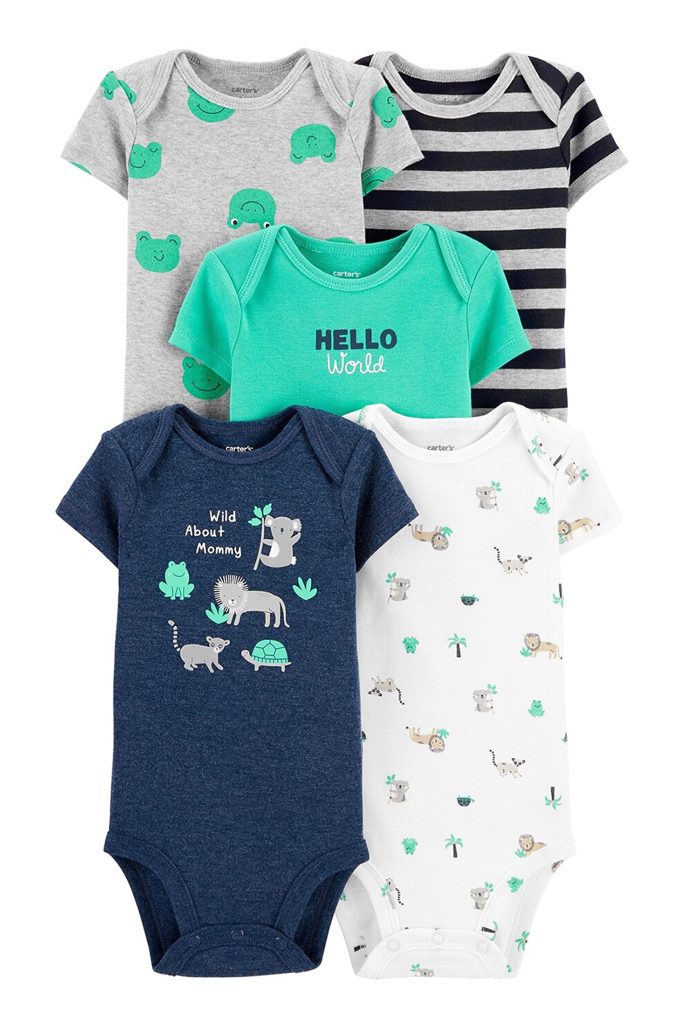 Carter's, Set de body-uri cu imprimeu grafic, baieti, 5 piese, Verde menta/Bleumarin/Gri, verde menta, bleumarin, gri