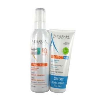 Spray cu protectie solara A-Derma Protect SPF 50+, 200 ml /Lotiune reparatoare dupa plaja A-Derma Protect AH, 100 ml Spray cu protectie solara A-Derma Protect SPF 50+, 200 ml /Lotiune reparatoare dupa plaja A-Derma Protect AH, 100 ml