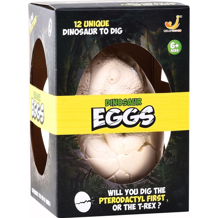 Kit arheologie Mappy Dinosaur Eggs, cu 12 dinozauri fosforescenti si accesorii specifice excavarii