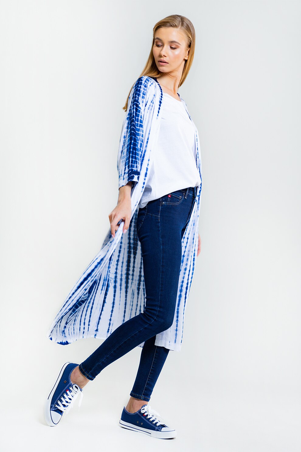 Big Star, Chimono cu model tie-dye Ivette, alb, albastru royal