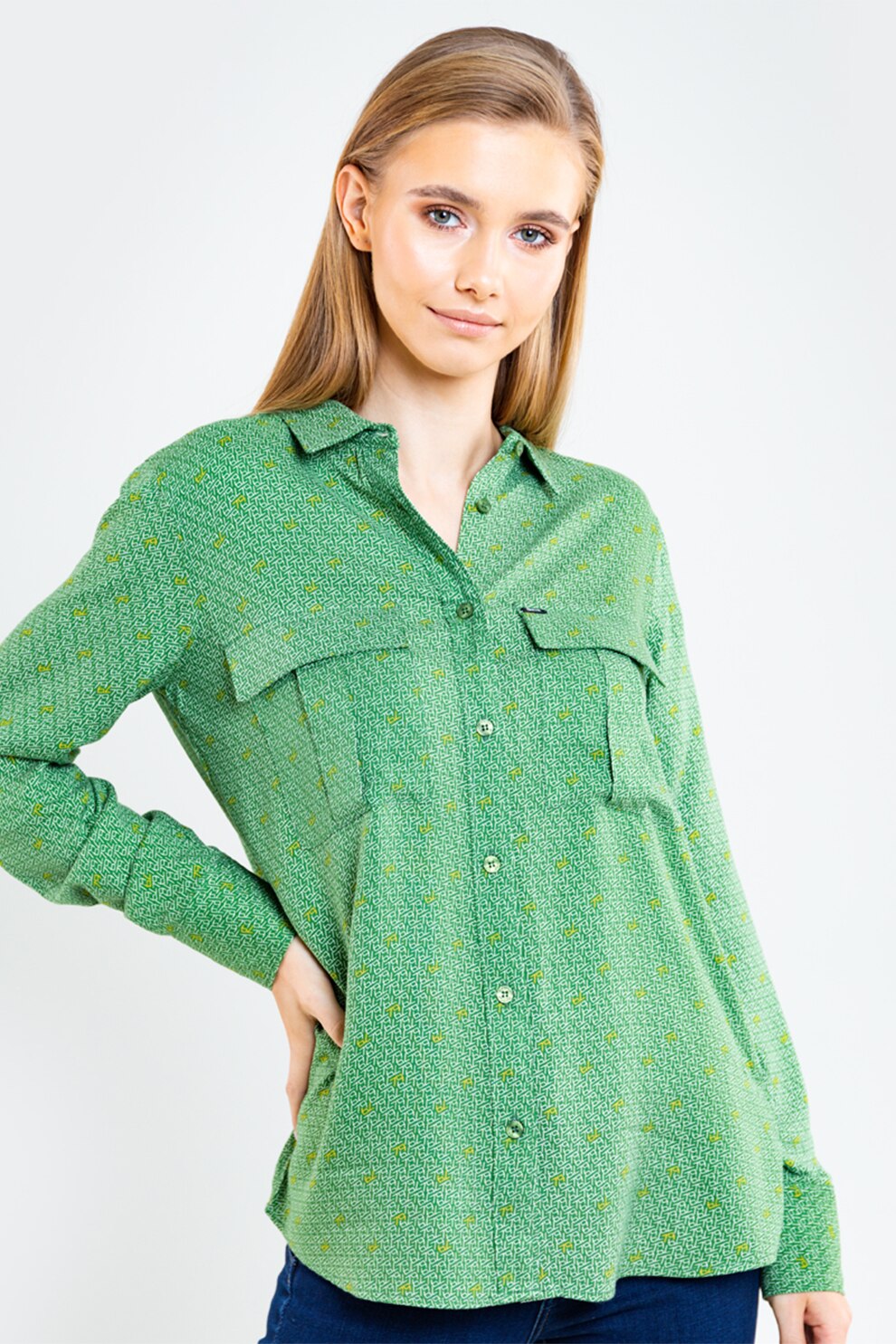Big Star, Camasa cu buzunare pe piept Miya, Verde/Alb/Galben, S