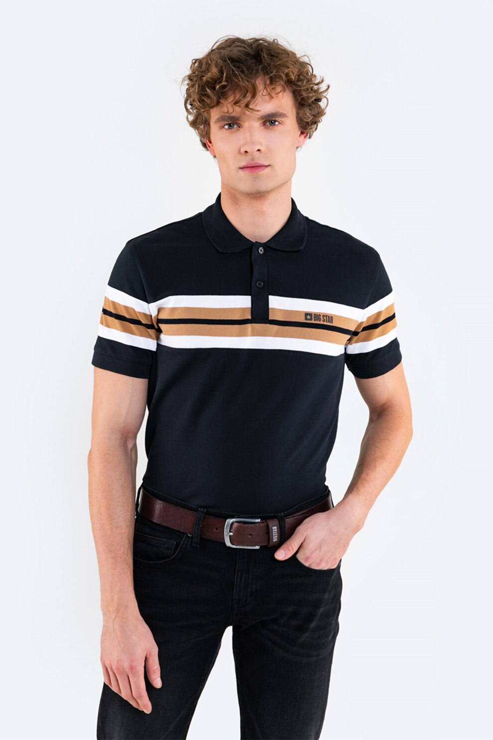 Big Star, Tricou polo cu logo pe piept, Negru/Alb/Maro camel