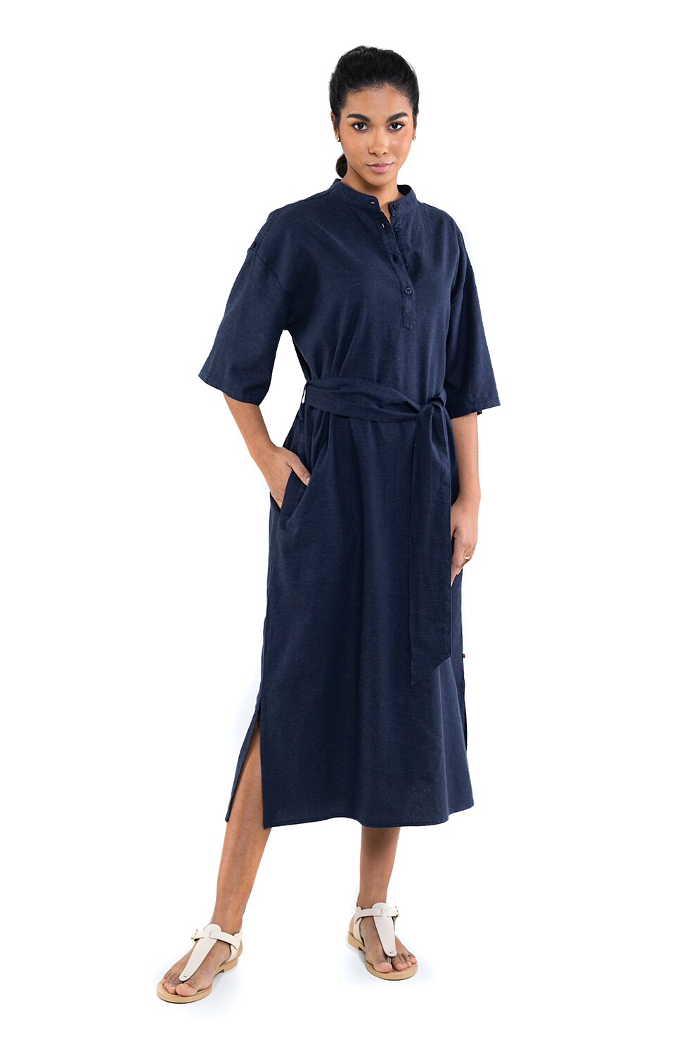 Big Star, Rochie midi din amestec de in cu cordon in talie, Bleumarin inchis