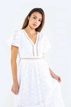 Big Star, Rochie midi cu decolteu in V si perforatii, Alb optic, XS Big Star, Rochie midi cu decolteu in V si perforatii, Alb optic, XS