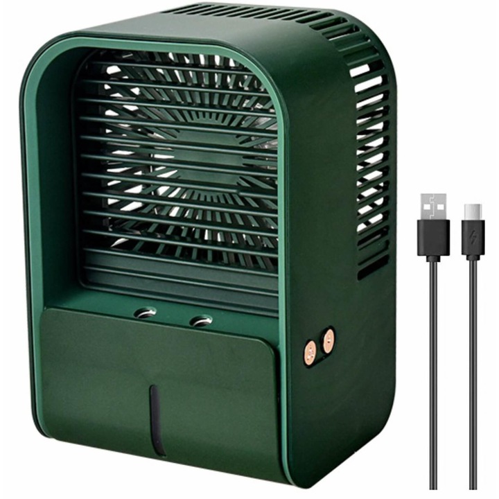 Ventilator portabil cu umidificare Ideas4Comfort®, USB reincarcabil, 3 viteze, 2 moduri pulverizare, rezervor 330 ml, 4000 mAh, 6.5 W, ventilator cu apa racire aer, autonomie 6h, silentios, camera, birou, camping, living, verde