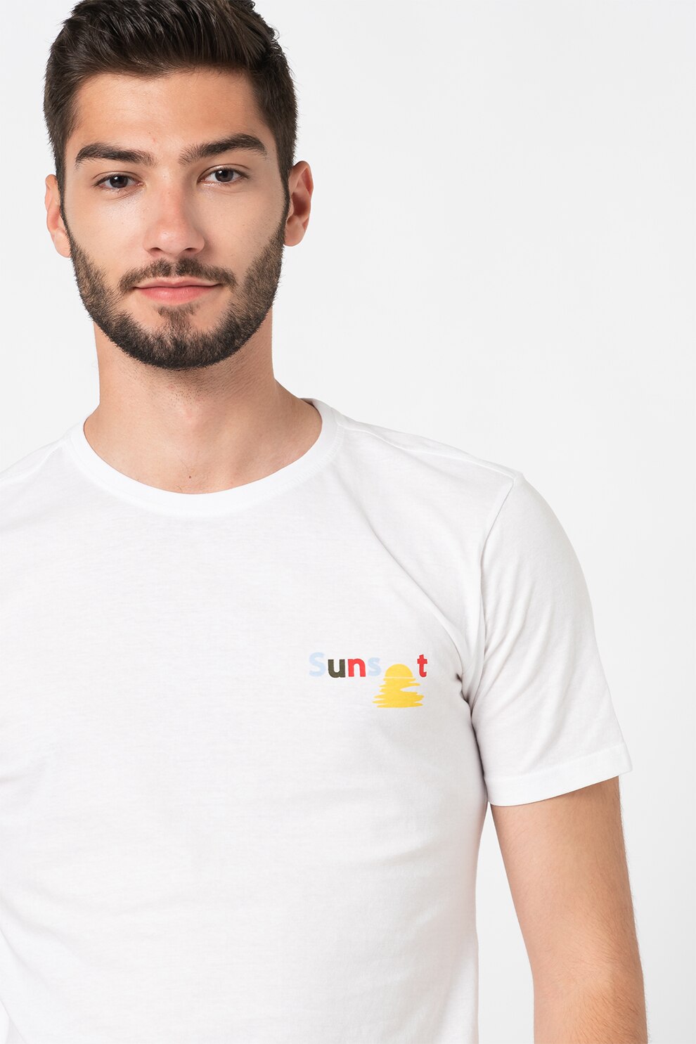 !Solid, Tricou de bumbac cu decolteu la baza gatului Sven, Alb/Galben/Rosu, XL