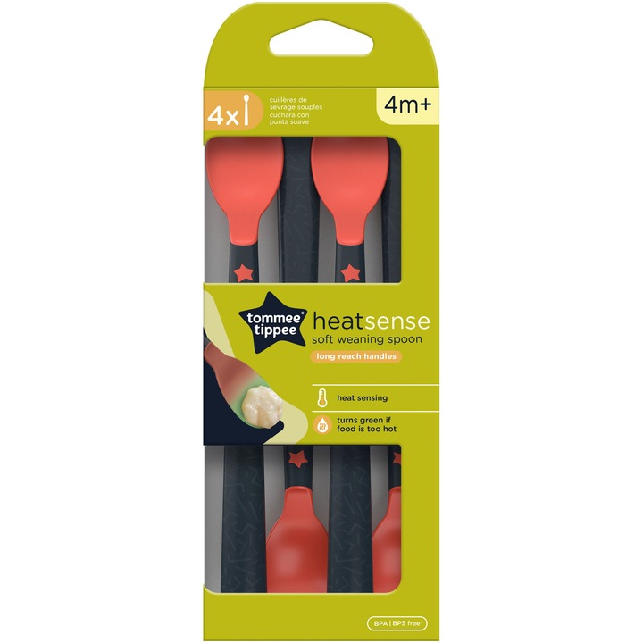 Lingurite Tommee Tippee, termosensibile, de la 4 luni, Negru/Rosu, 4 buc