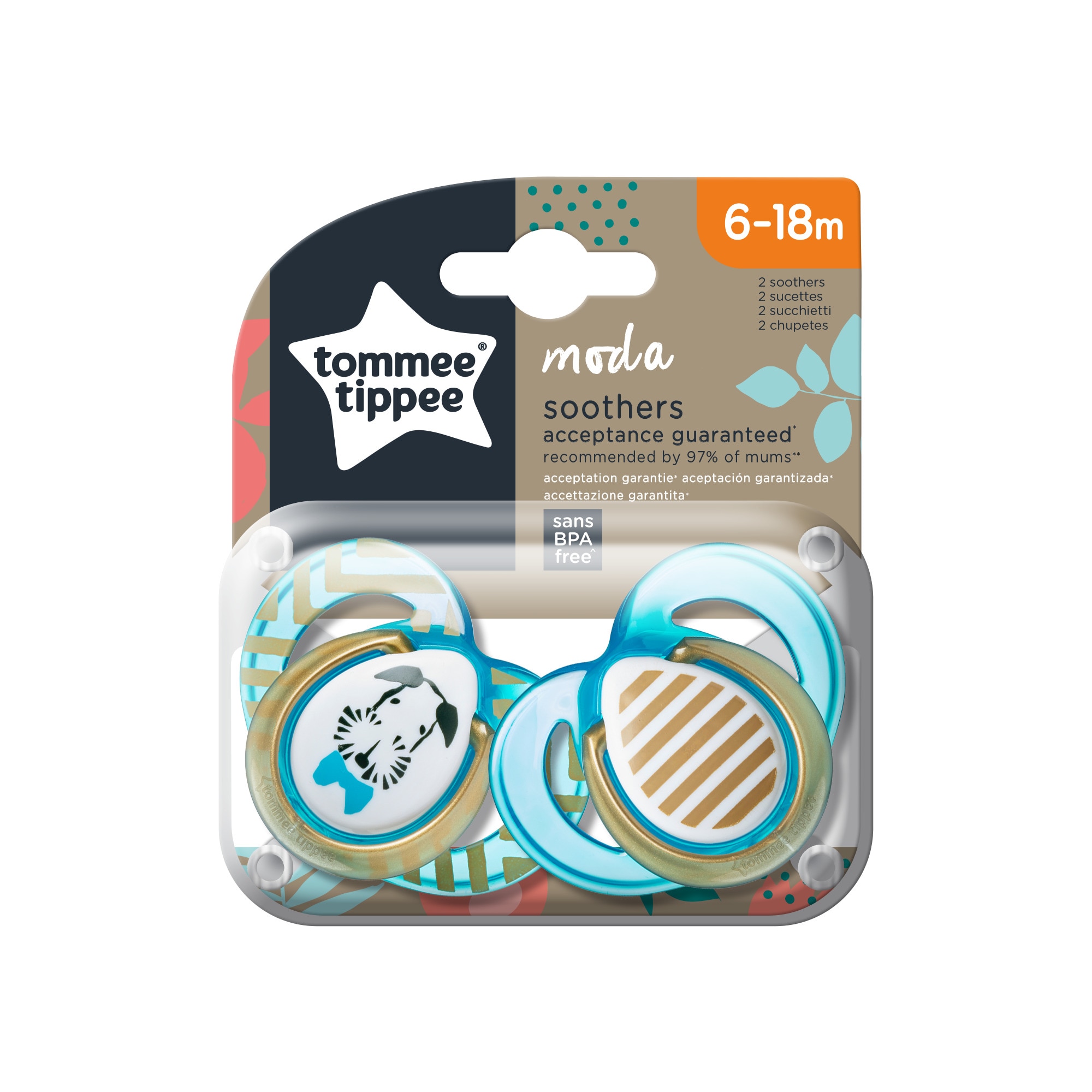 Suzeta ortodontica Tommee Tippee Moda, 2 buc, 6-18 luni, Alb/Turcoaz/Maro