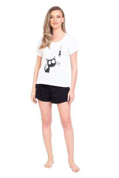 Pijama dama, Natalee, model cu pisica, alb