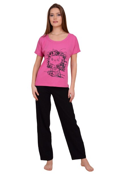 Pijama dama, Natalee, Ciufulici, negru cu ciclamen, lunga