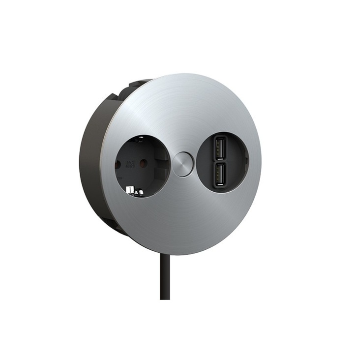 Multipriza incorporabila Bachmann Twist 1S, 1 priza, 2 usb, cordon 2 m + fisa Schuko montabila, otel inoxidabil