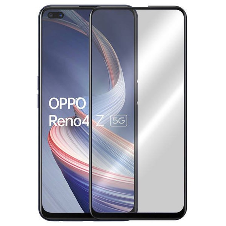 Протектор, съвместим с Oppo Reno4 Z 5G, Лепило по цялата повърхност, Пълно покритие, AGC стъкло, Черен