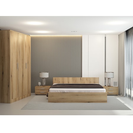 Dormitor Asaro Chloe, Pat 160x200 cm, Dulap 3 usi 155x55x193 cm, 2 Noptiere, culoare Stejar