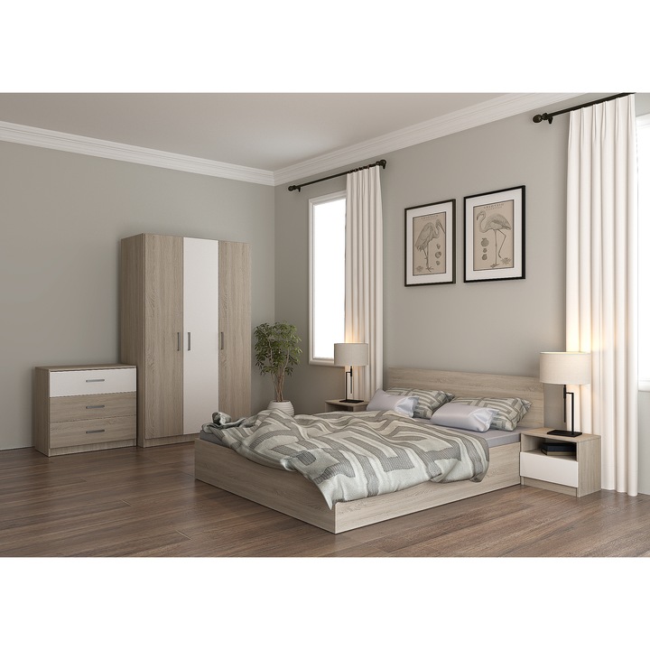 Set Mobila Dormitor Asaro Boston , Pat 160x200 cm, Dulap, 2 Noptiere, Comoda, Culoare Sonoma/Alb