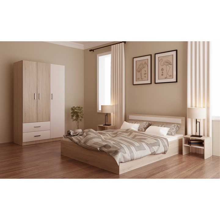 Комплект мебели за спалня Asaro Grazia, Легло 160x200 см, Гардероб, 2 нощни шкафчета, Дъб Сонома / Бял