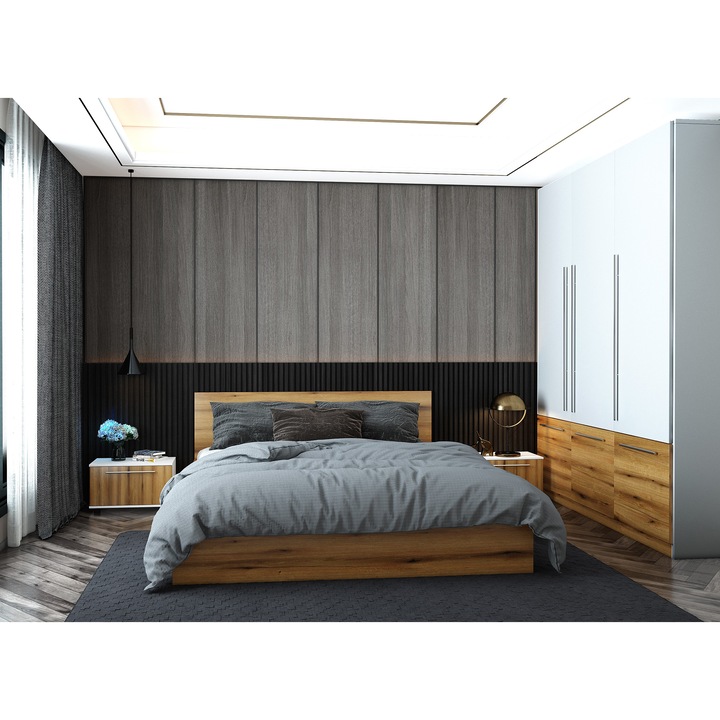 Dormitor Asaro Beneto , Pat 160x200 cm, Dulap, 2 Noptiere, Culoare Stejar Artizan/ Alb