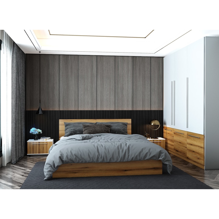 Комплект мебели за спалня Asaro Beneto, Легло 160x200 см, Гардероб, 2 нощни шкафчета, Дъб / Бял