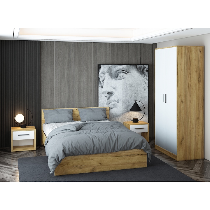 Dormitor Asaro Aria , Pat 160x200 cm, Dulap, 2 Noptiere, Culoare Stejar Artizan/ Alb