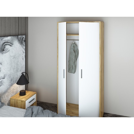 Dormitor Asaro Aria , Pat 160x200 cm, Dulap, 2 Noptiere, Culoare Stejar Artizan/ Alb